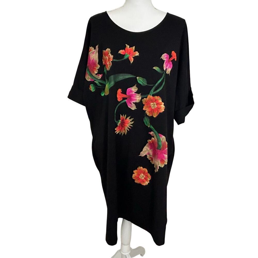 Natori black floral applique ponte‎ short sleeve t-shirt dress size XXL